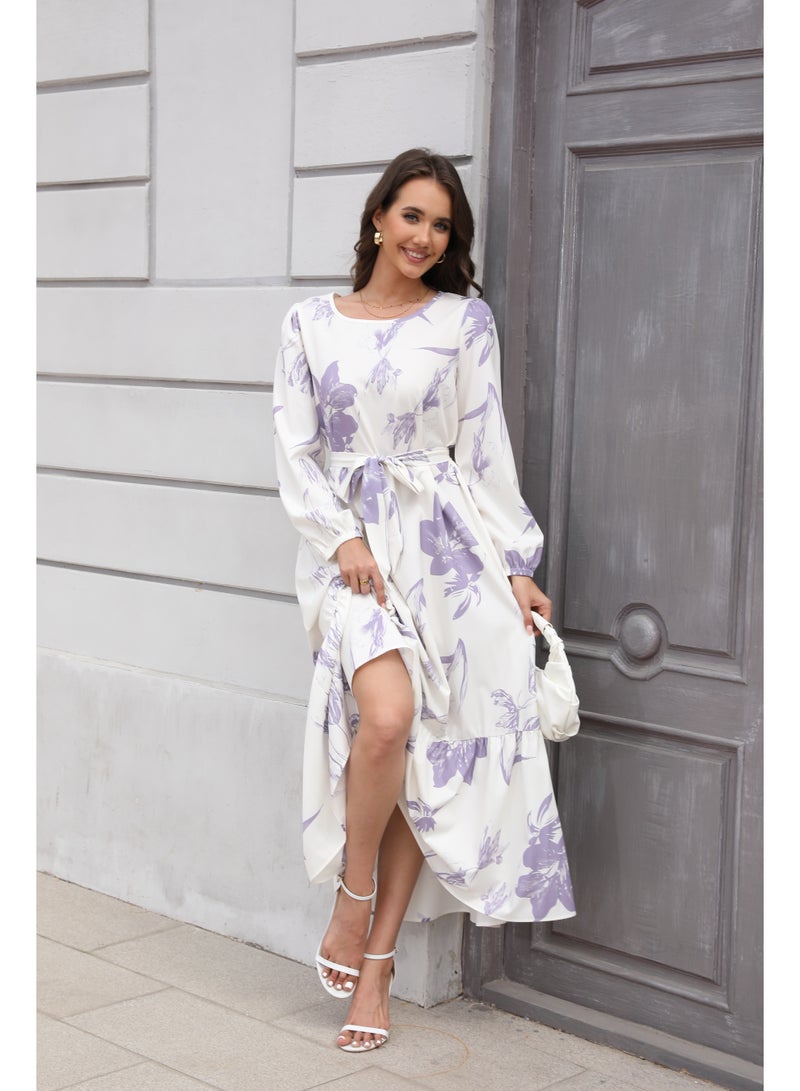 Maxi Dresses for Curvy Women Casual 3/4 Sleeve Crewneck Floor Length Floral Print Dress with Belt - Image 4